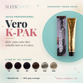 Joico Vero K-PAK Permanent Hair Color 106+ Shades Infographic | SleekShop Joico Vero K-PAK permanent cream hair color infographic featuring the Vero K-PAK color tube and box, 106+ professional shades, rebuilds hair while coloring, 100% gray coverage, and salon-quality permanent hair color by SleekShop.